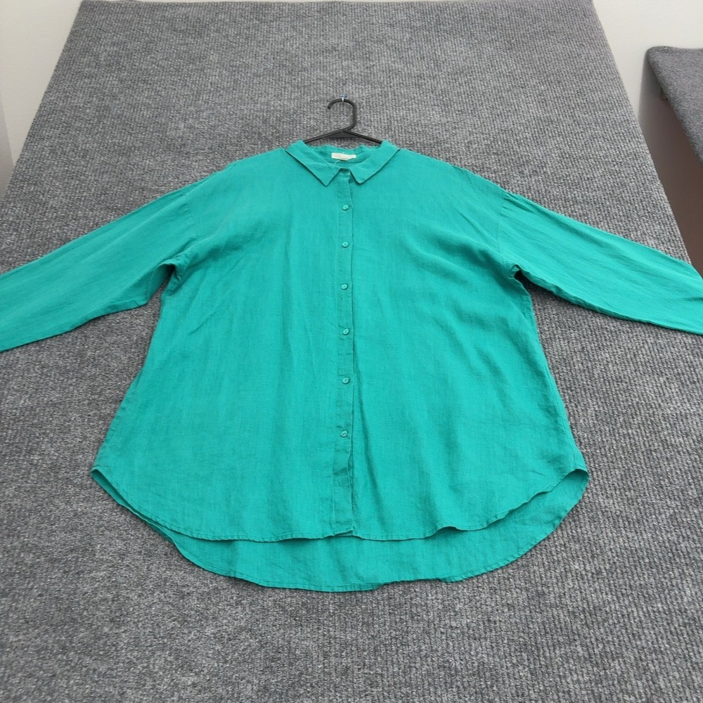 Eileen Fisher Shirt Womens XL Green Linen Long Sleeve Button Down Casual Minimal